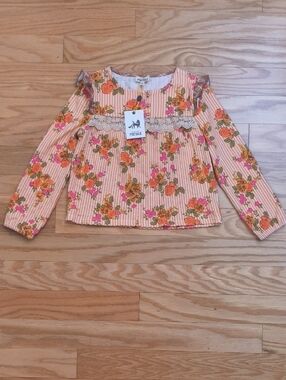 Finding Foxtale Orange Stripe Floral Long-Sleeve Top with Lace Trim Size 7 NWT